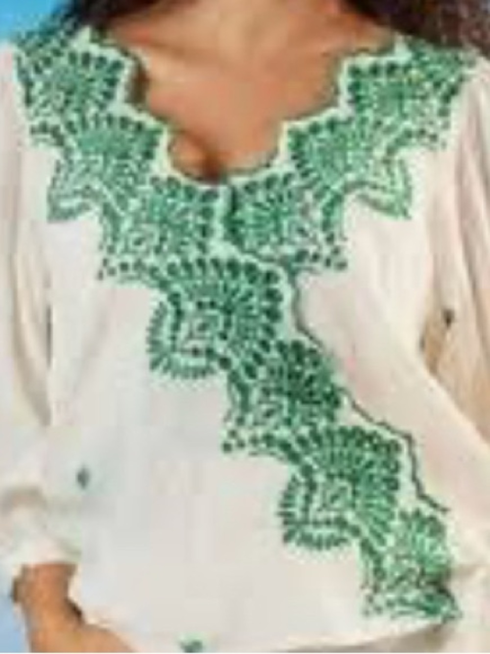 Women’s White Tunic Top with Green Embroidered Detail
